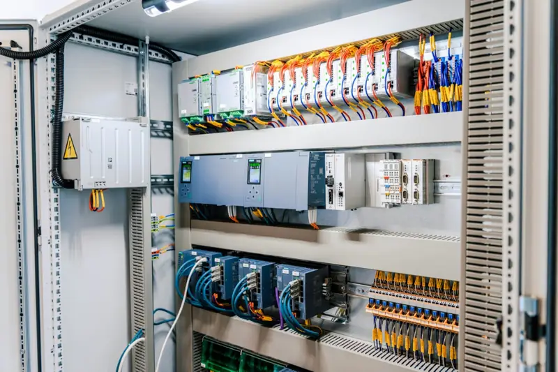 Open control panel with PLC, drives and terminal blocks