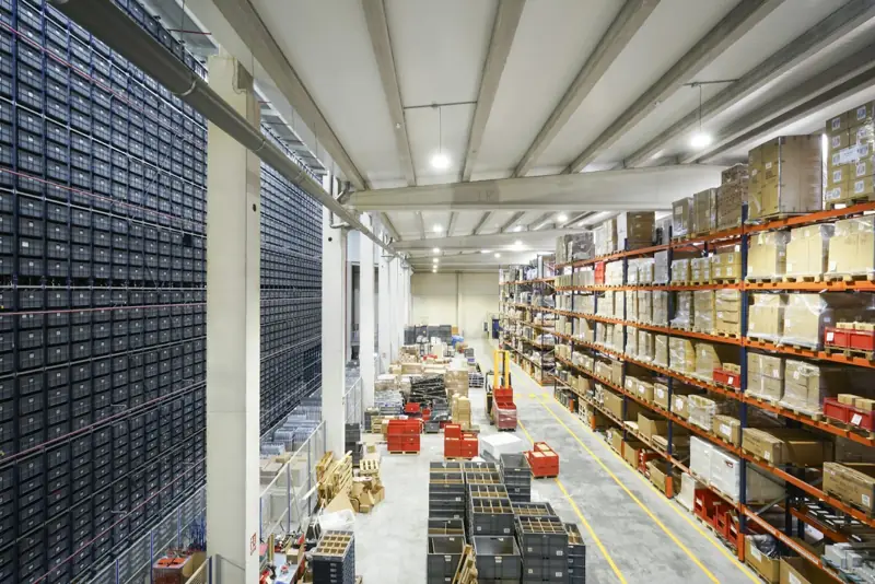 Shelves of industrial parts in a warehouse